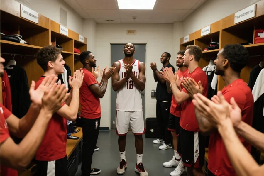 一位篮球球星在更衣室与队友们鼓掌互动，展现团队凝聚力和积极氛围