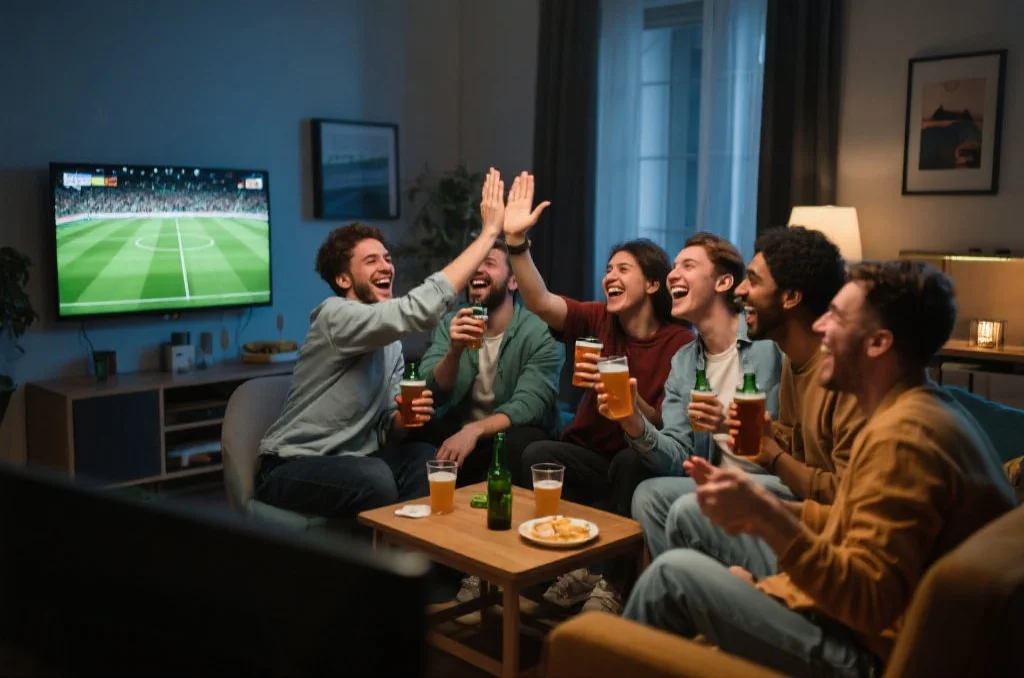 一群朋友兴奋地观看体育比赛并互动