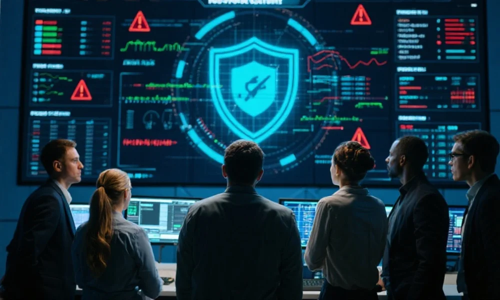 一支专业的IT安全团队正在监控巨大的电子屏幕，屏幕上显示着网络安全警报和实时数据流