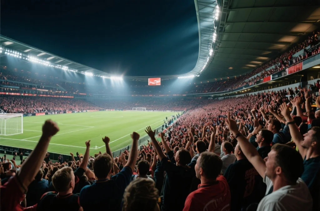 球迷在现代化足球场内欢呼，迎接新赛季